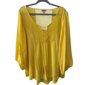 One World Womens Boho Peasant Top Yellow Crochet Gauze Size XL Beachy Resortwear